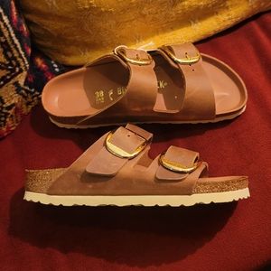 BIRKENSTOCK Arizona Big Buckle Gold & Cognac Sandals sz 7 NWT